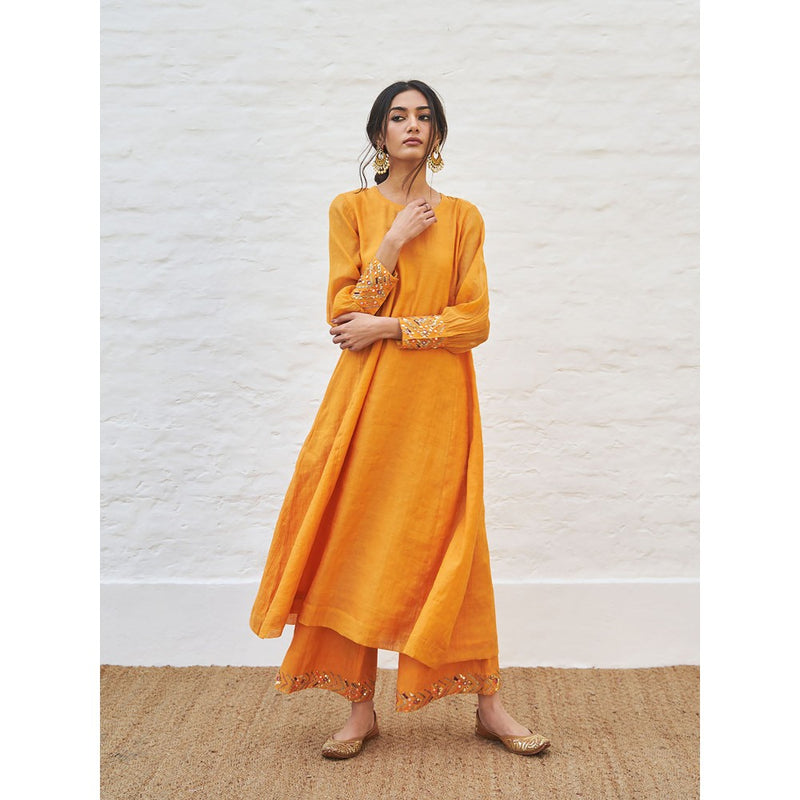 Vaaya Tangerine Pure Silk Tissue Chander Handwork Kurta with Palazzo and Dupatta (Set of 3)