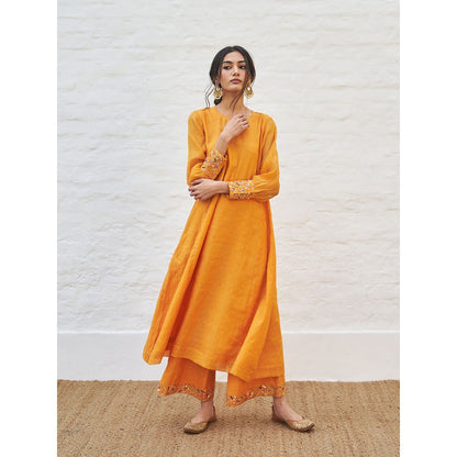 Vaaya Tangerine Pure Silk Tissue Chander Handwork Kurta with Palazzo and Dupatta (Set of 3)
