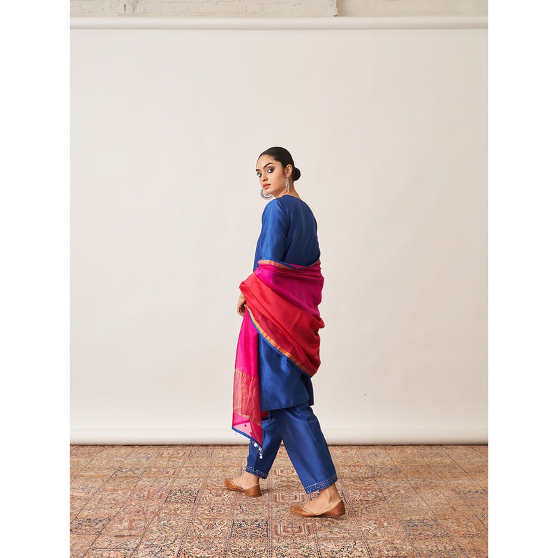 Vaaya Blue Pure Handwoven Silk Chander Kurta with Salwar and Dupatta (Set of 3)