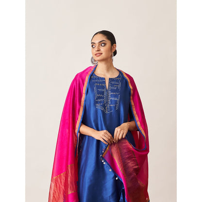 Vaaya Blue Pure Handwoven Silk Chander Kurta with Salwar and Dupatta (Set of 3)