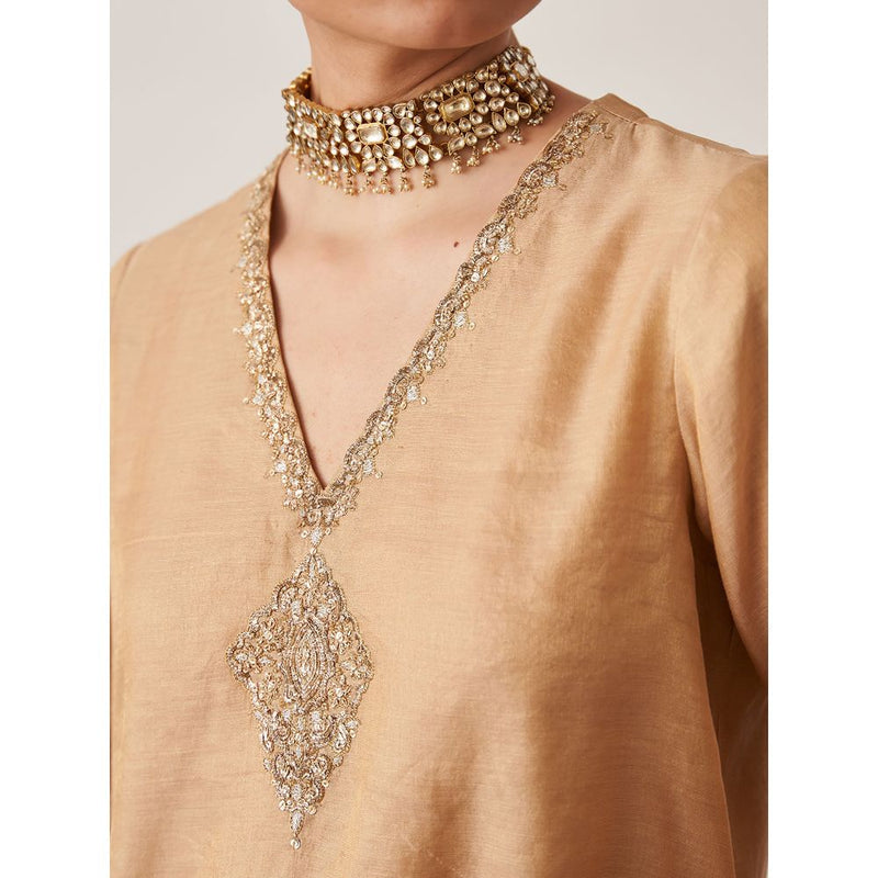 Vaaya Gold Pure Handwoven Silk Kurta with Palazzo (Set of 2)