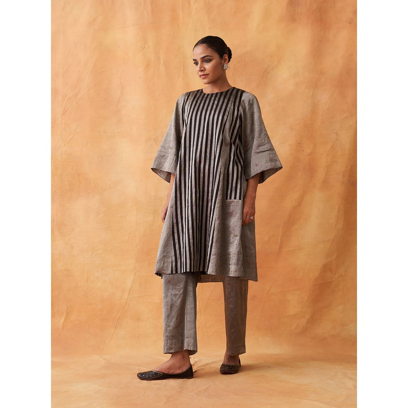 Vaaya Grey Striped Silk Tissue Chander Kurta with Pant (Set of 2)