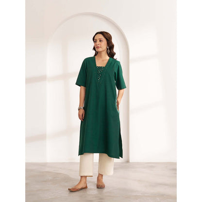 Vaaya Panna Green Handwoven Cotton Kurta With Handwork