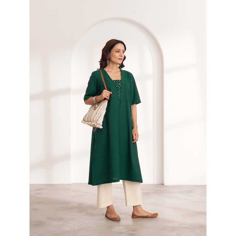 Vaaya Panna Green Handwoven Cotton Kurta With Handwork