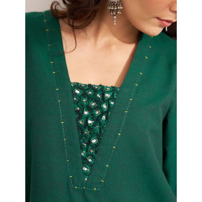 Vaaya Panna Green Handwoven Cotton Kurta With Handwork