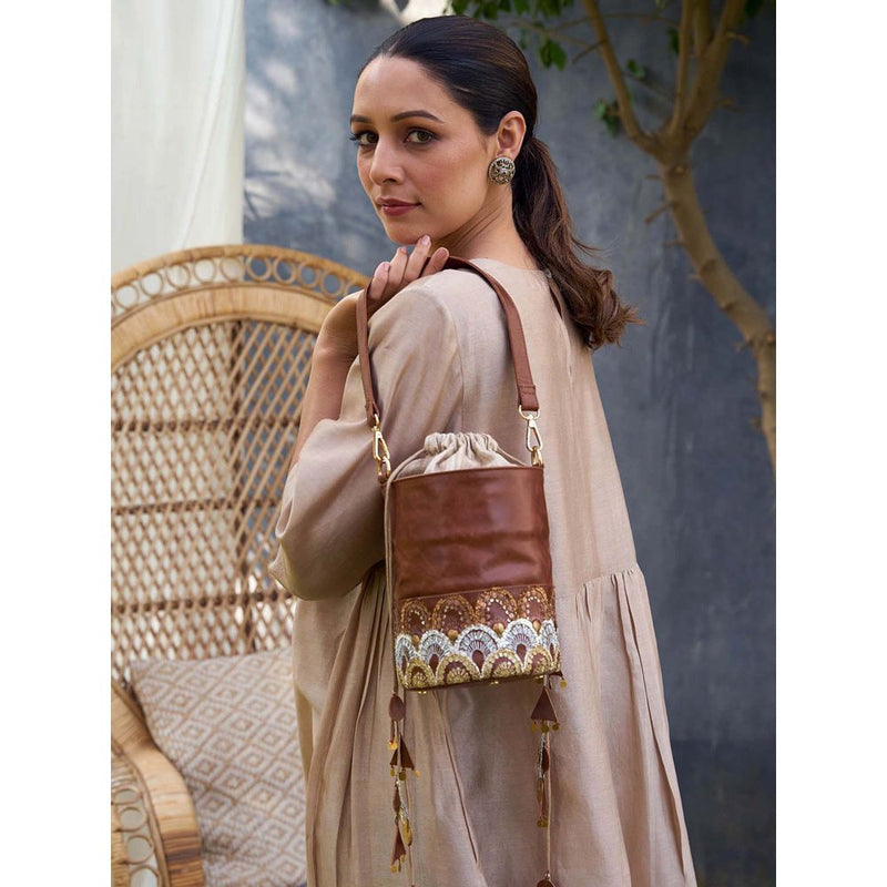 Vaaya Brown The Amala Bucket Potli Bag With Detachable Straps