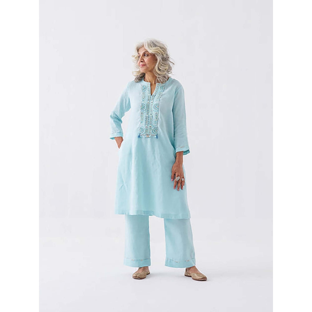 Vaaya Fresh Aqua Pure Linen Cut-Fray Handwork Kurta with Pant