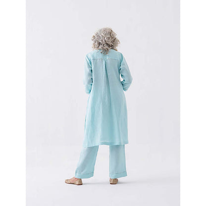 Vaaya Fresh Aqua Pure Linen Cut-Fray Handwork Kurta with Pant