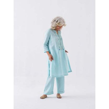 Vaaya Fresh Aqua Pure Linen Cut-Fray Handwork Kurta with Pant
