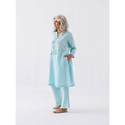 Vaaya Fresh Aqua Pure Linen Cut-Fray Handwork Kurta with Pant