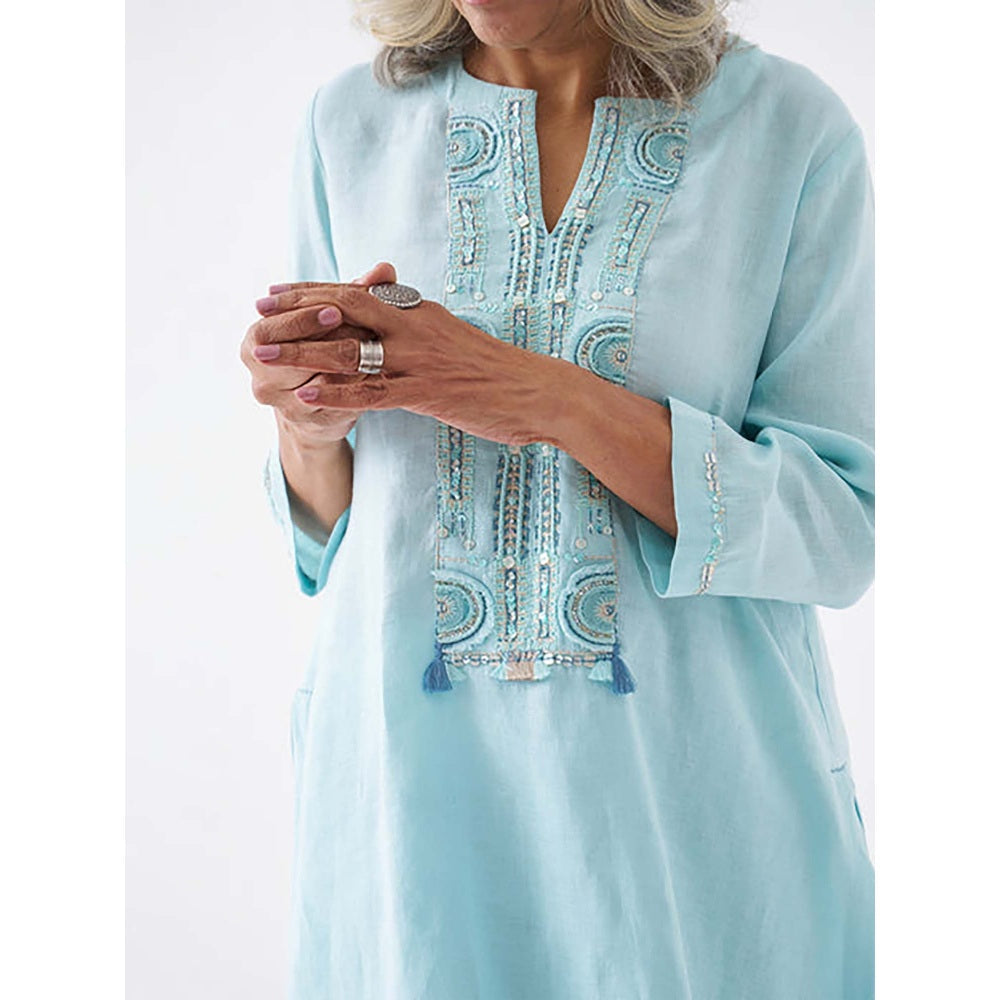 Vaaya Fresh Aqua Pure Linen Cut-Fray Handwork Kurta with Pant