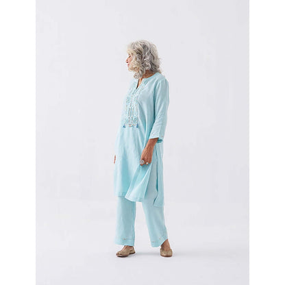 Vaaya Fresh Aqua Pure Linen Cut-Fray Handwork Kurta with Pant