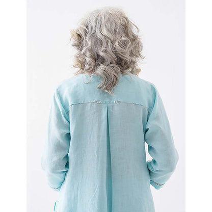 Vaaya Fresh Aqua Pure Linen Cut-Fray Handwork Kurta with Pant