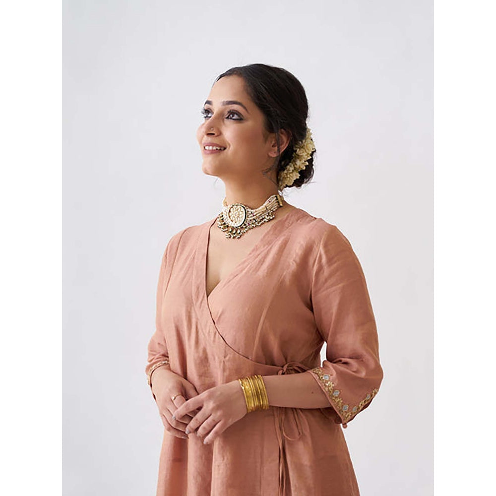 Vaaya Coral Silk Tissue Chanderi Zardozi Pittha Handwork Angrakha Kurta with Pant