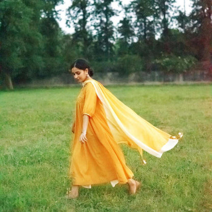 Vaaya Honey Yellow and Off-White Pure Mulmul Dupatta with Handmade Tassels