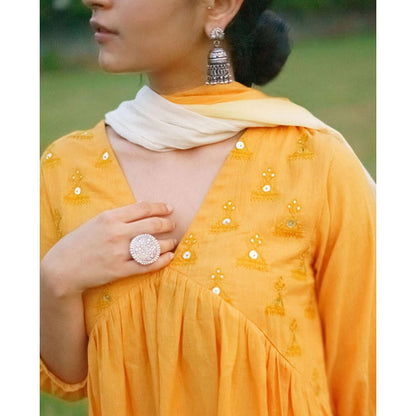 Vaaya Honey Yellow and Off-White Pure Mulmul Dupatta with Handmade Tassels