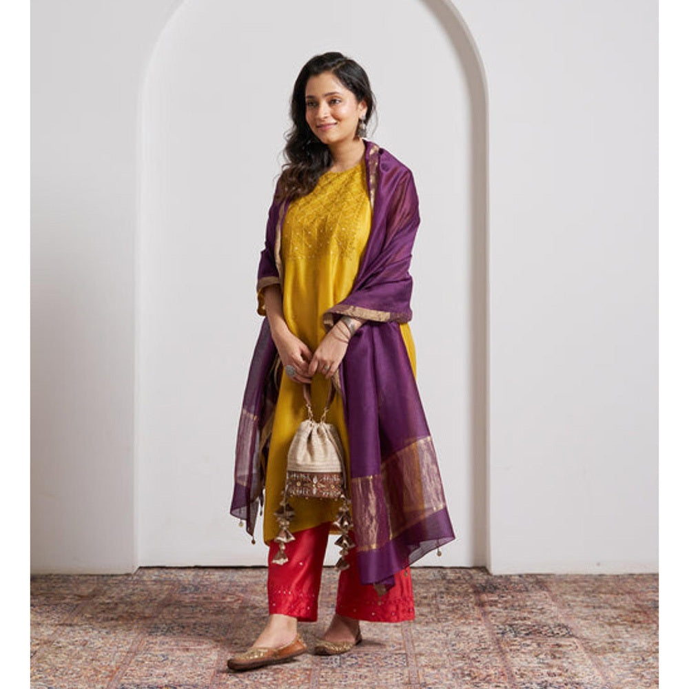 Vaaya Purple Silk Chanderi Dupatta with Handmade Tassels