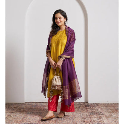 Vaaya Purple Silk Chanderi Dupatta with Handmade Tassels