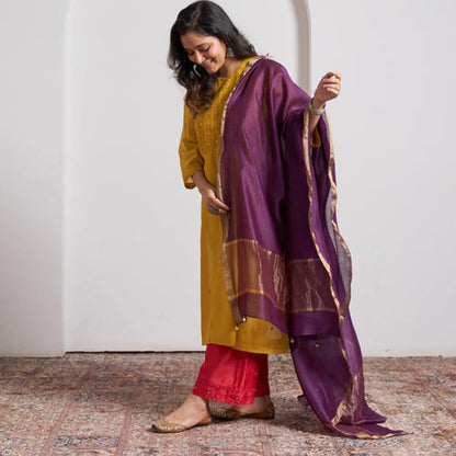 Vaaya Purple Silk Chanderi Dupatta with Handmade Tassels
