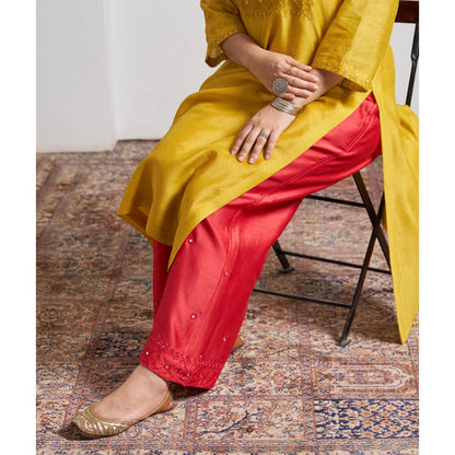 Vaaya Red Silk Chanderi Pants with Handwork
