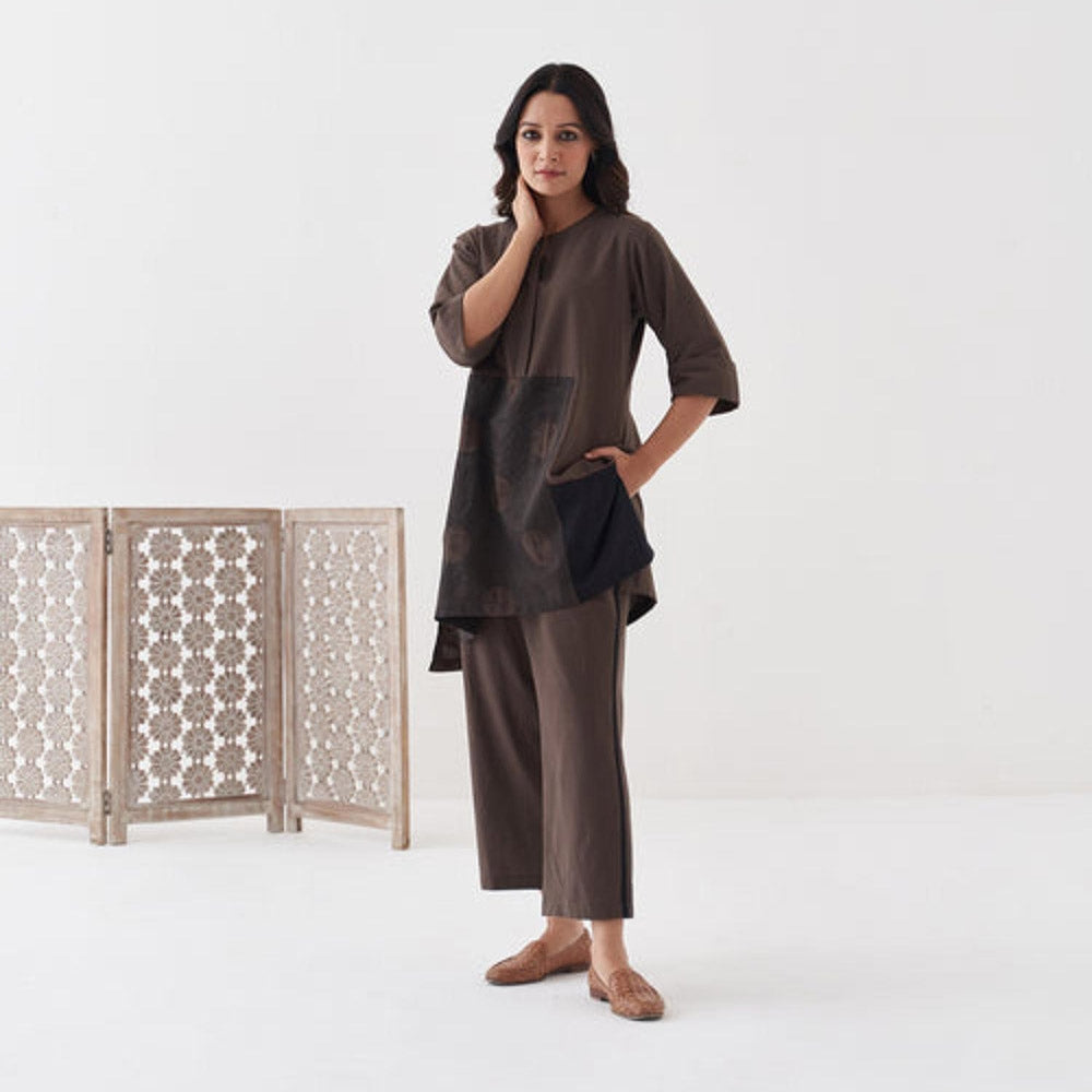 Vaaya Ash Brown and Black Polka Handwoven Cotton Co-Ord Set