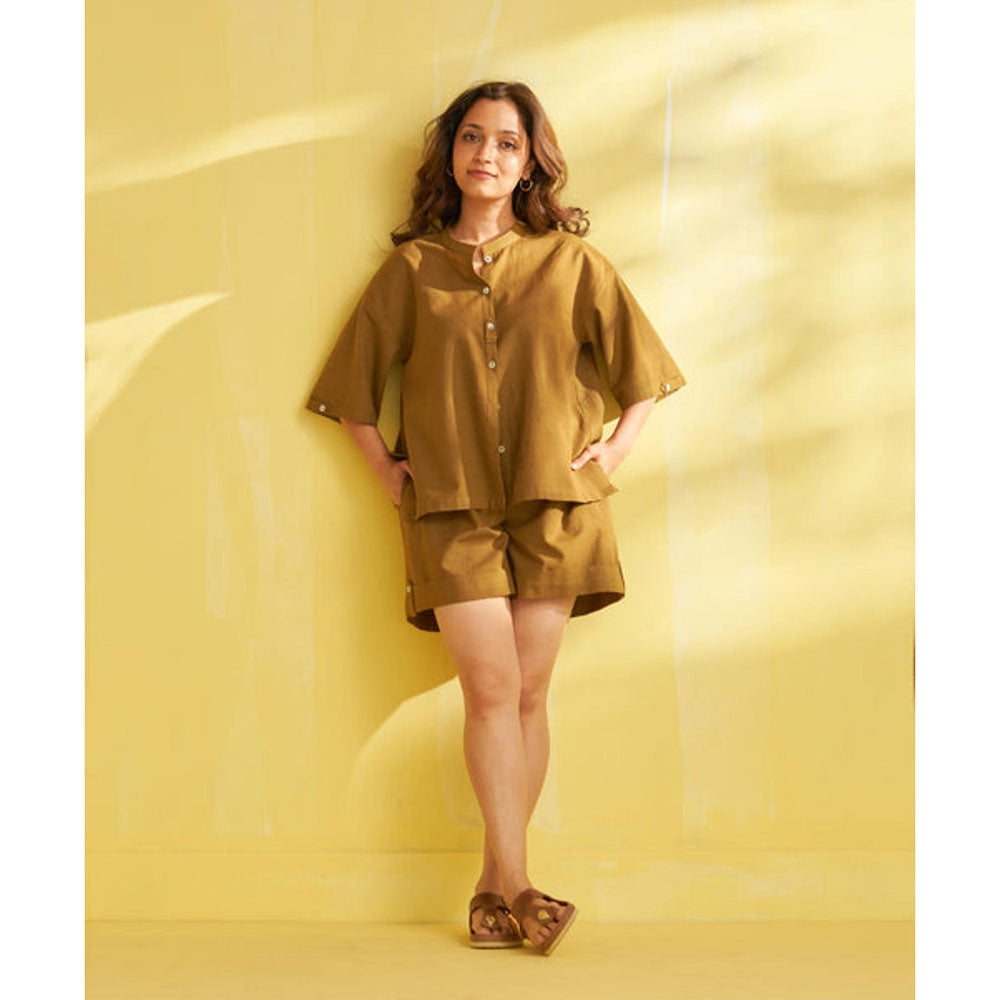 Vaaya Khakhi Handwoven Cotton Shirt with Shorts