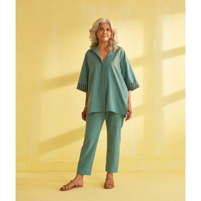 Vaaya Teal Blue Handwoven Cotton and Ikat Co-Ord Set