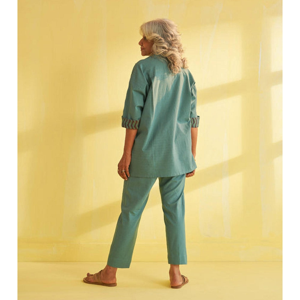 Vaaya Teal Blue Handwoven Cotton and Ikat Co-Ord Set