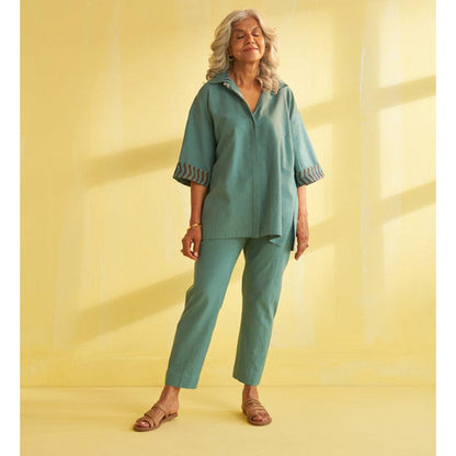 Vaaya Teal Blue Handwoven Cotton and Ikat Co-Ord Set