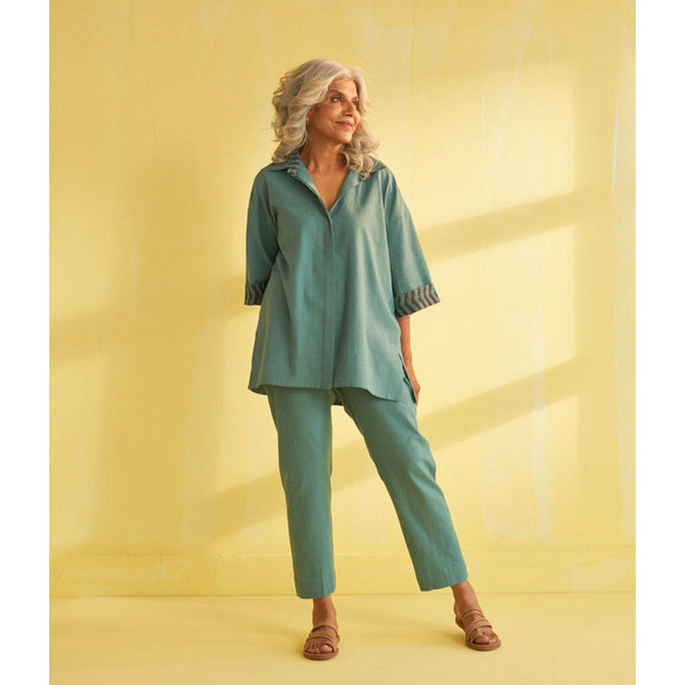 Vaaya Teal Blue Handwoven Cotton and Ikat Co-Ord Set