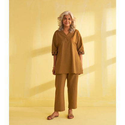 Vaaya Khaki Handwoven Cotton and Ikat Print Co-Ord Set