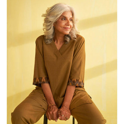 Vaaya Khaki Handwoven Cotton and Ikat Print Co-Ord Set