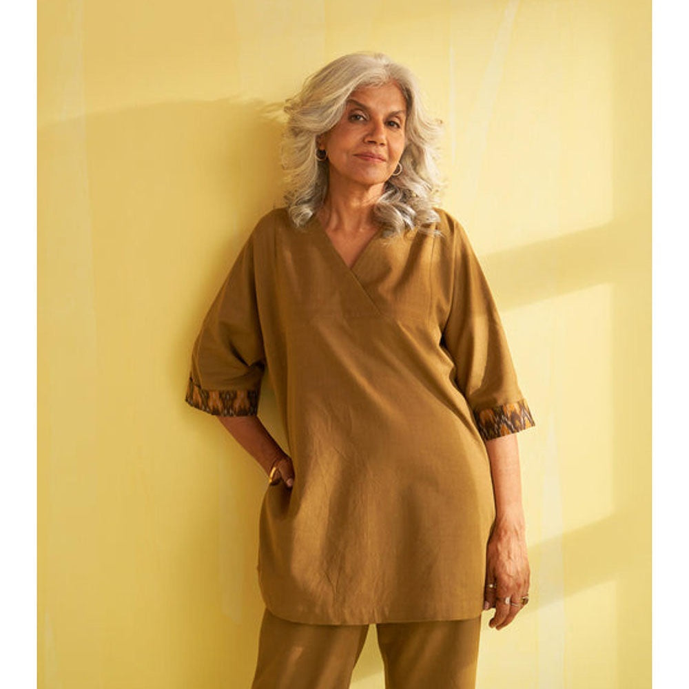 Vaaya Khaki Handwoven Cotton and Ikat Print Co-Ord Set