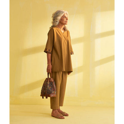 Vaaya Khaki Handwoven Cotton and Ikat Print Co-Ord Set