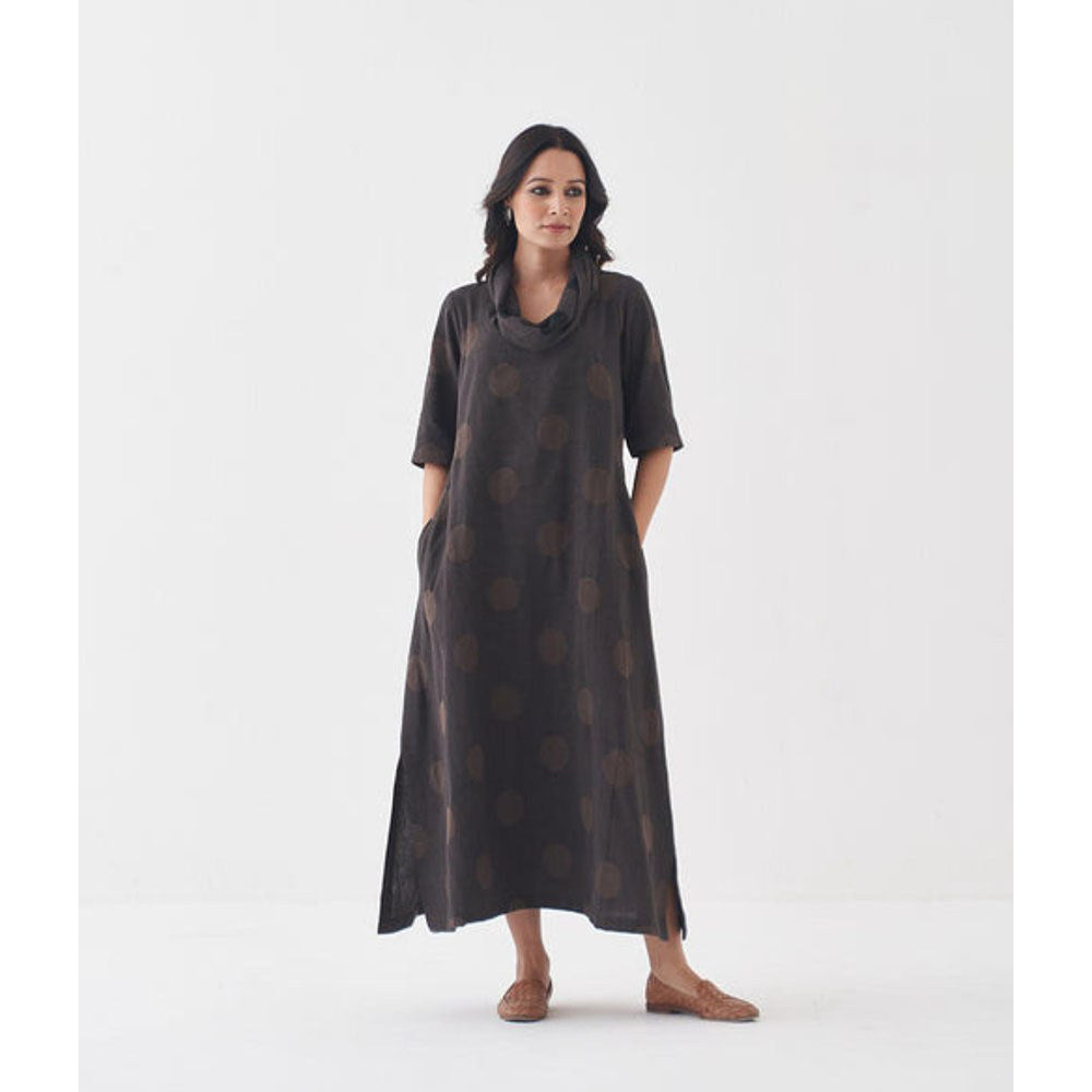 Vaaya Fawn and Black Polka Dot Cowl Neck Maxi Dress