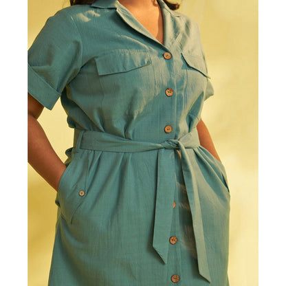 Vaaya Teal Handwoven Cotton Pocket Knee Length Dress with Belt