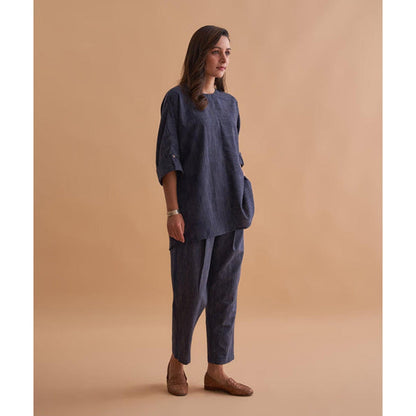 Vaaya Navy Solid Handwoven Cotton Weave Co-Ord Set