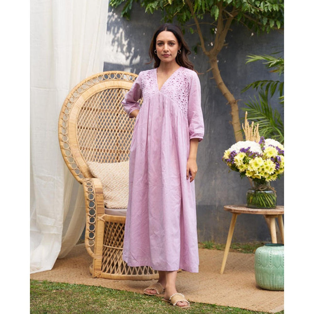 Vaaya Lavender Pure Mul Lace Yoke Maxi Dress