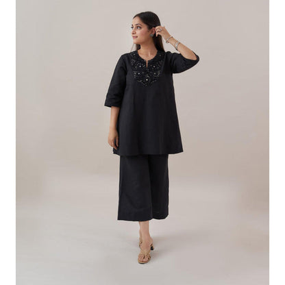 Vaaya The Ink Black Pure Linen with Cut-Fray Handwork Co-Ord Set