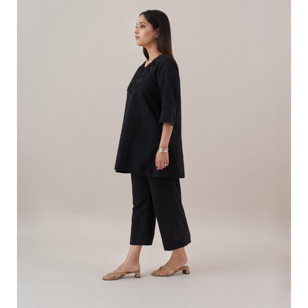 Vaaya The Ink Black Pure Linen with Cut-Fray Handwork Co-Ord Set