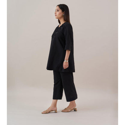 Vaaya The Ink Black Pure Linen with Cut-Fray Handwork Co-Ord Set
