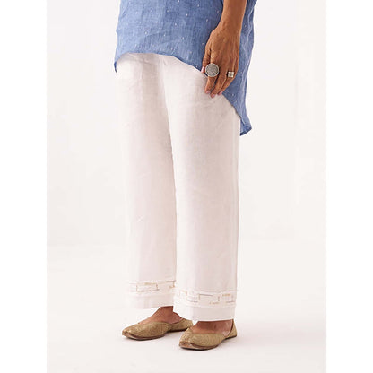 Vaaya Ivory White Pure Linen Cut-Fray Handwork Pant