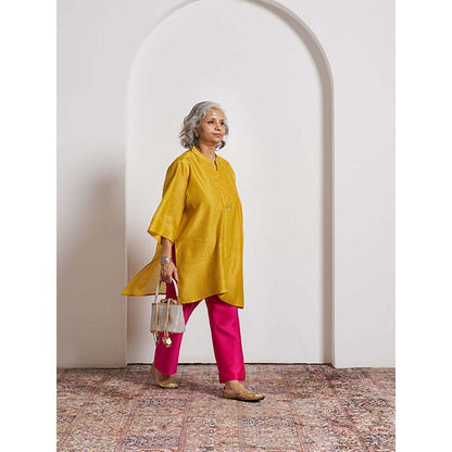 Vaaya Sarson Yellow Pinstriped Silk Chanderi Anti-Fit Handwork Top