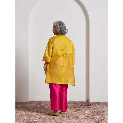 Vaaya Sarson Yellow Pinstriped Silk Chanderi Anti-Fit Handwork Top