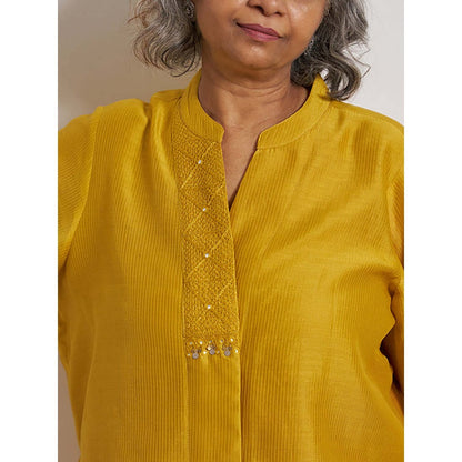 Vaaya Sarson Yellow Pinstriped Silk Chanderi Anti-Fit Handwork Top