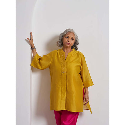 Vaaya Sarson Yellow Pinstriped Silk Chanderi Anti-Fit Handwork Top