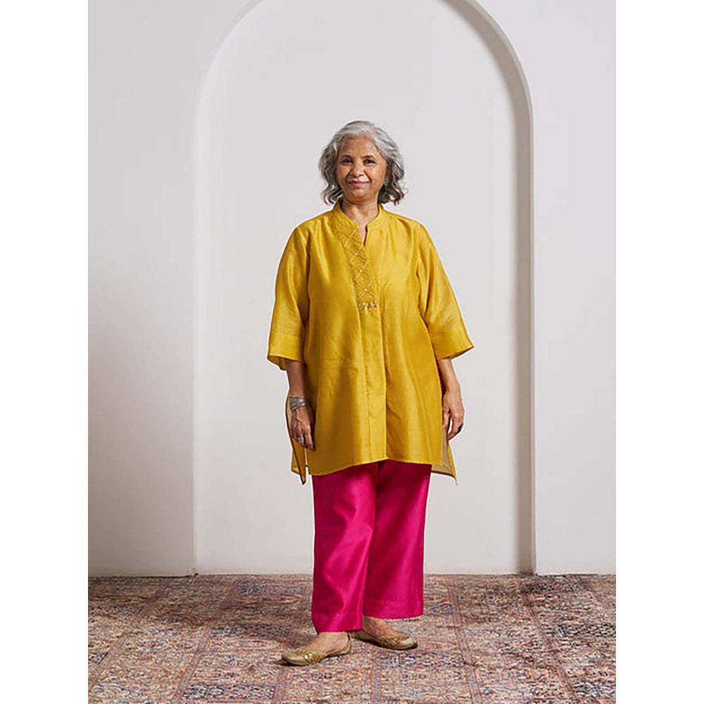 Vaaya Sarson Yellow Pinstriped Silk Chanderi Anti-Fit Handwork Top