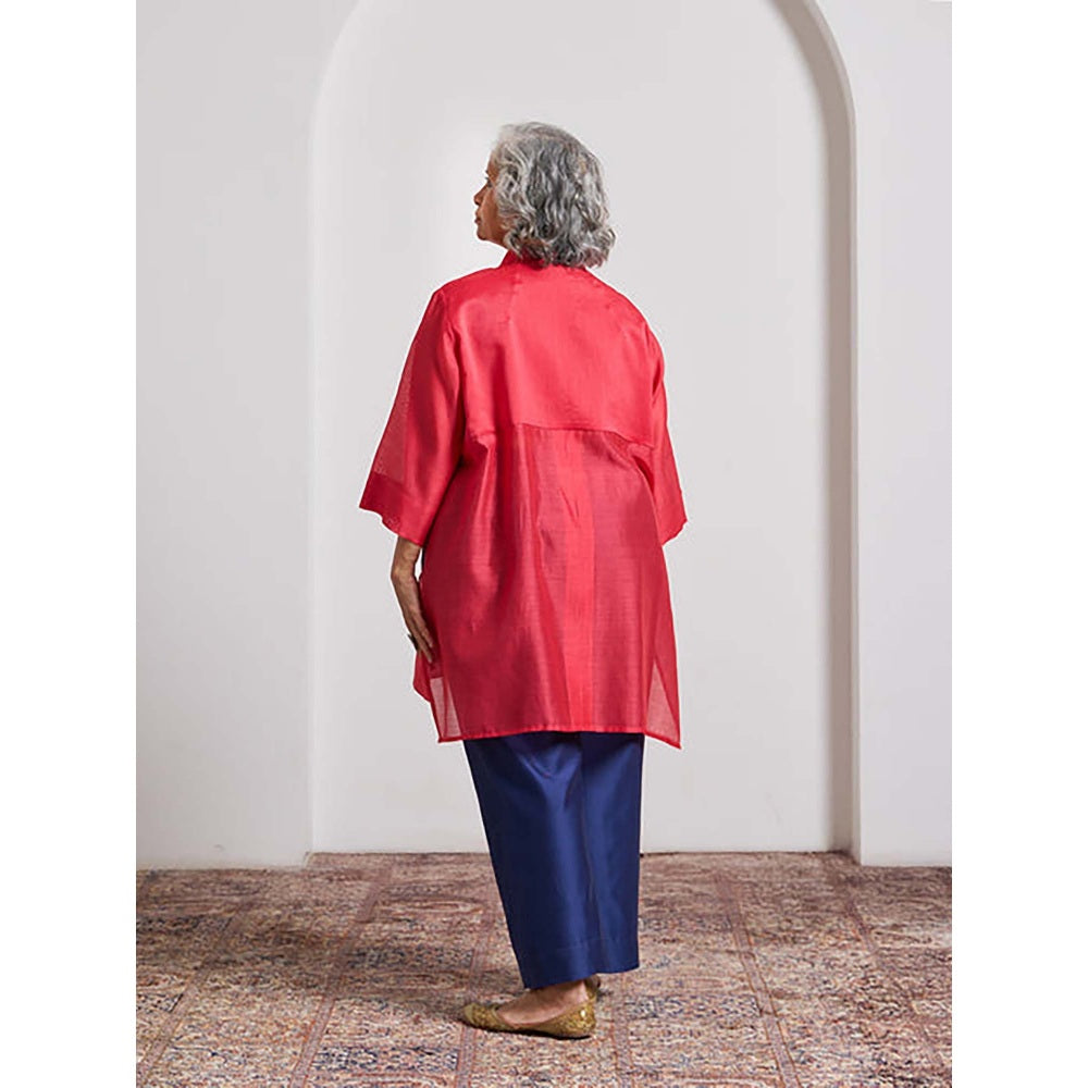 Vaaya Watermelon Red Striped Chanderi Anti-Fit Handwork Top