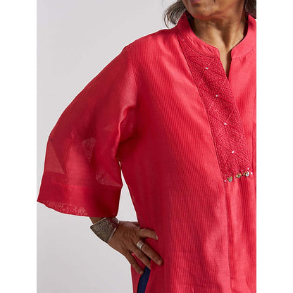 Vaaya Watermelon Red Striped Chanderi Anti-Fit Handwork Top