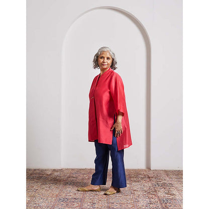 Vaaya Watermelon Red Striped Chanderi Anti-Fit Handwork Top